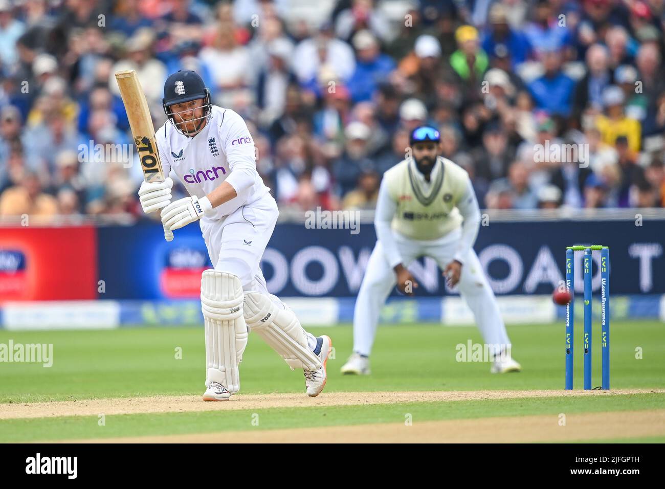 Jonny Bairstow of England clips the first ball after the rain break for runs off the bowling of Shardul Thakur of India in ,  on 7/3/2022. (Photo by Craig Thomas/News Images/Sipa USA) Stock Photo