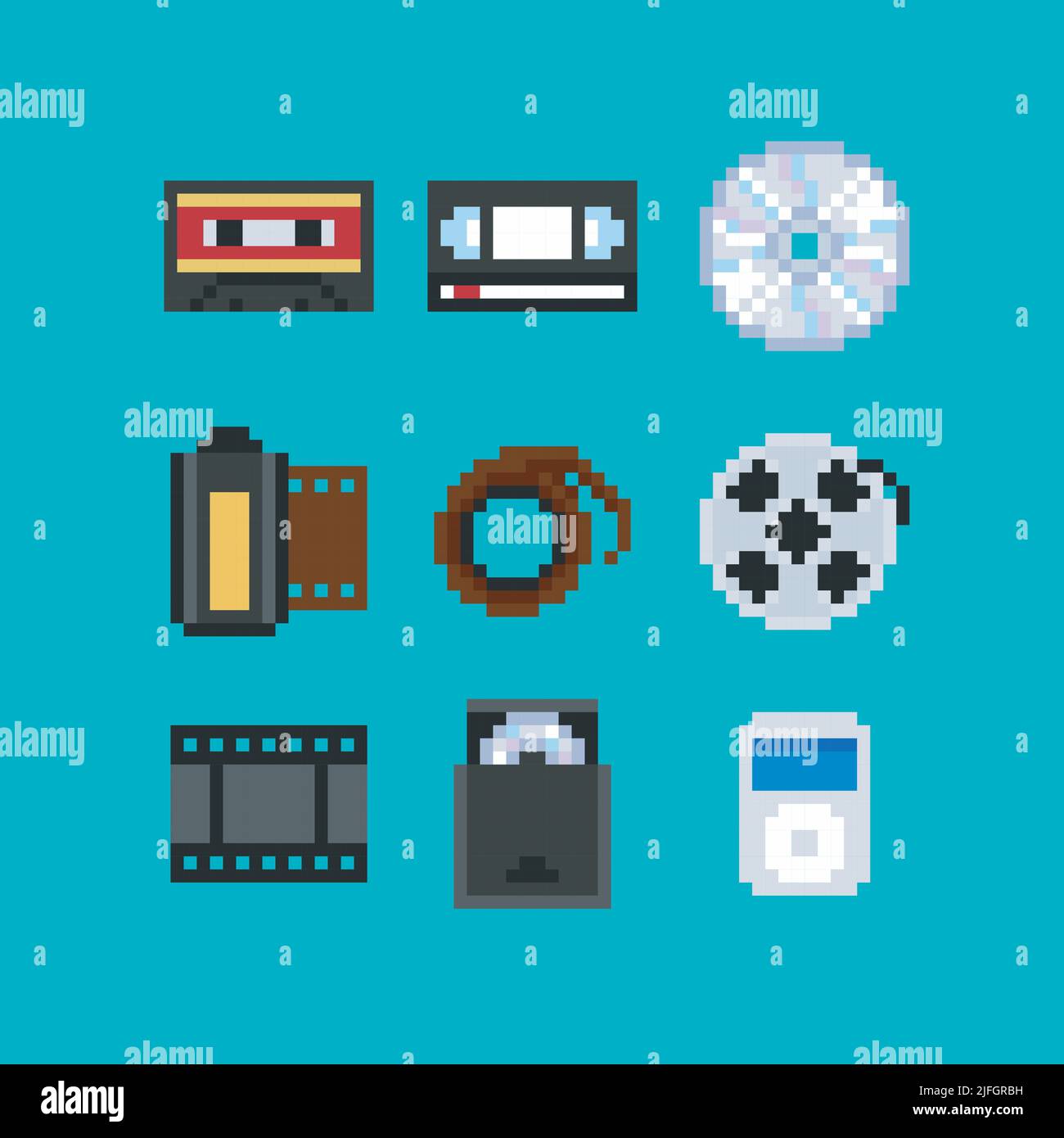 Pixel art vector illustration set - audio compact cassette, video tape cassette, matnetic tape, compact disc, audio and video media devices, digital Stock Vector