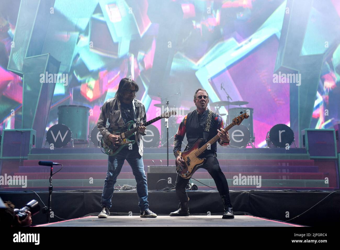 Rivers Cuomo and Scott Shriner, Weezer performs during The Hella Mega