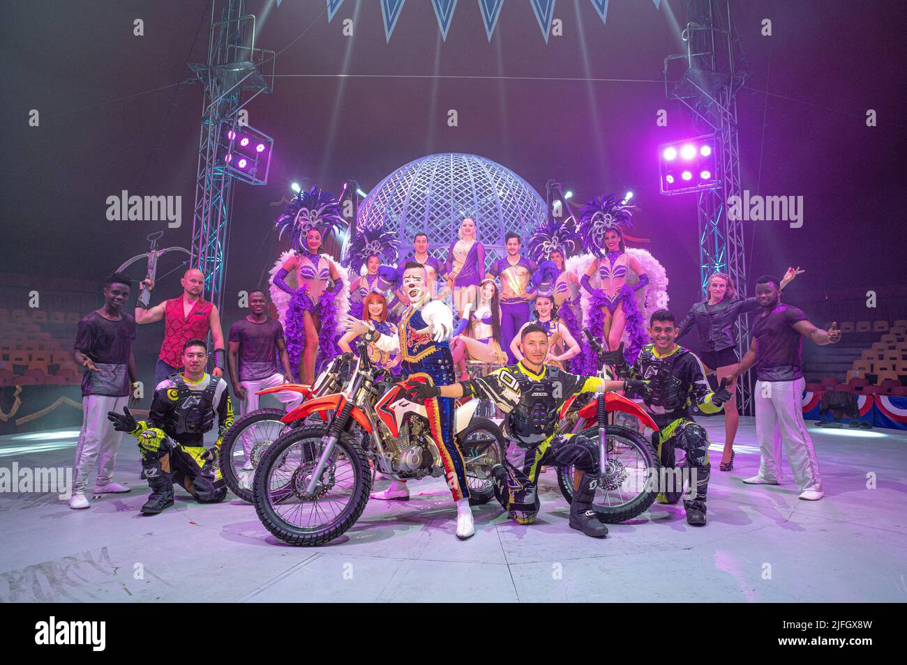 Circus performers from Circus Vegas posing whilst in residency at the NEC, Birmingham, UK. Stock Photo