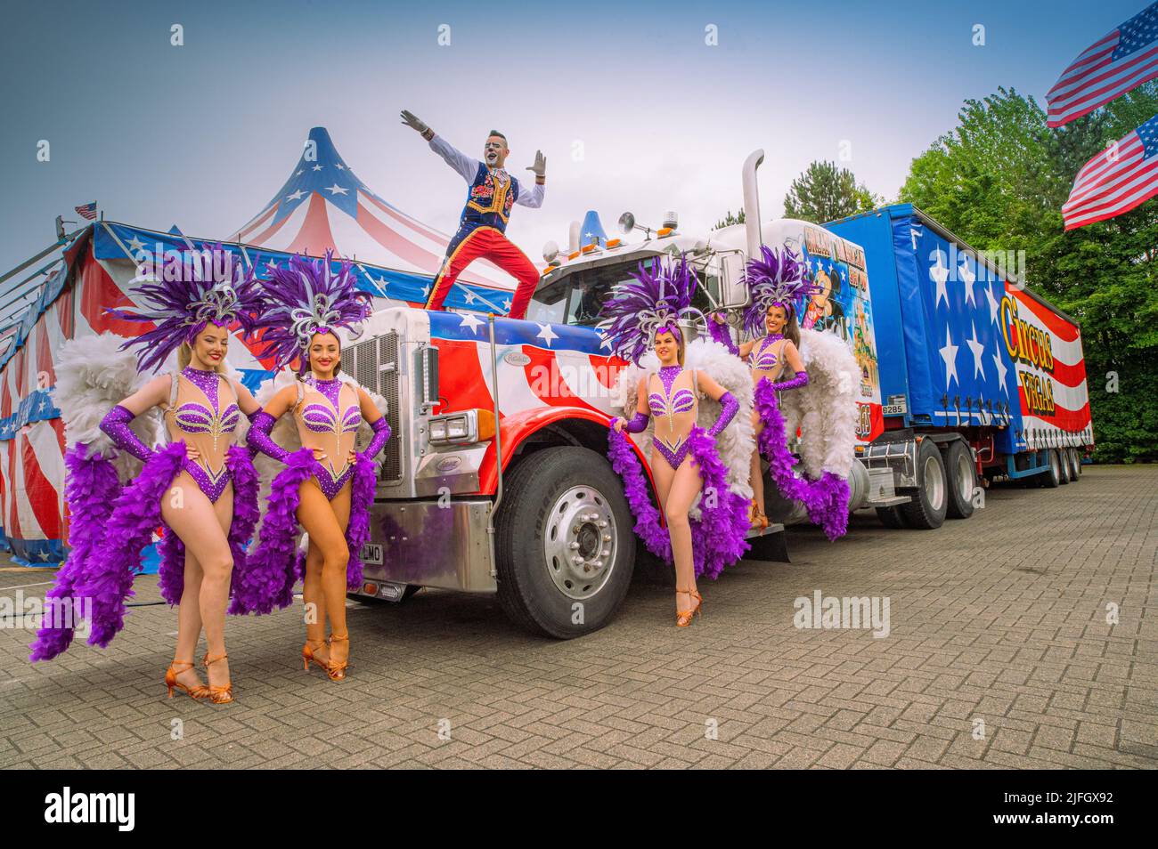 Circus performers from Circus Vegas posing whilst in residency at the NEC, Birmingham, UK. Stock Photo