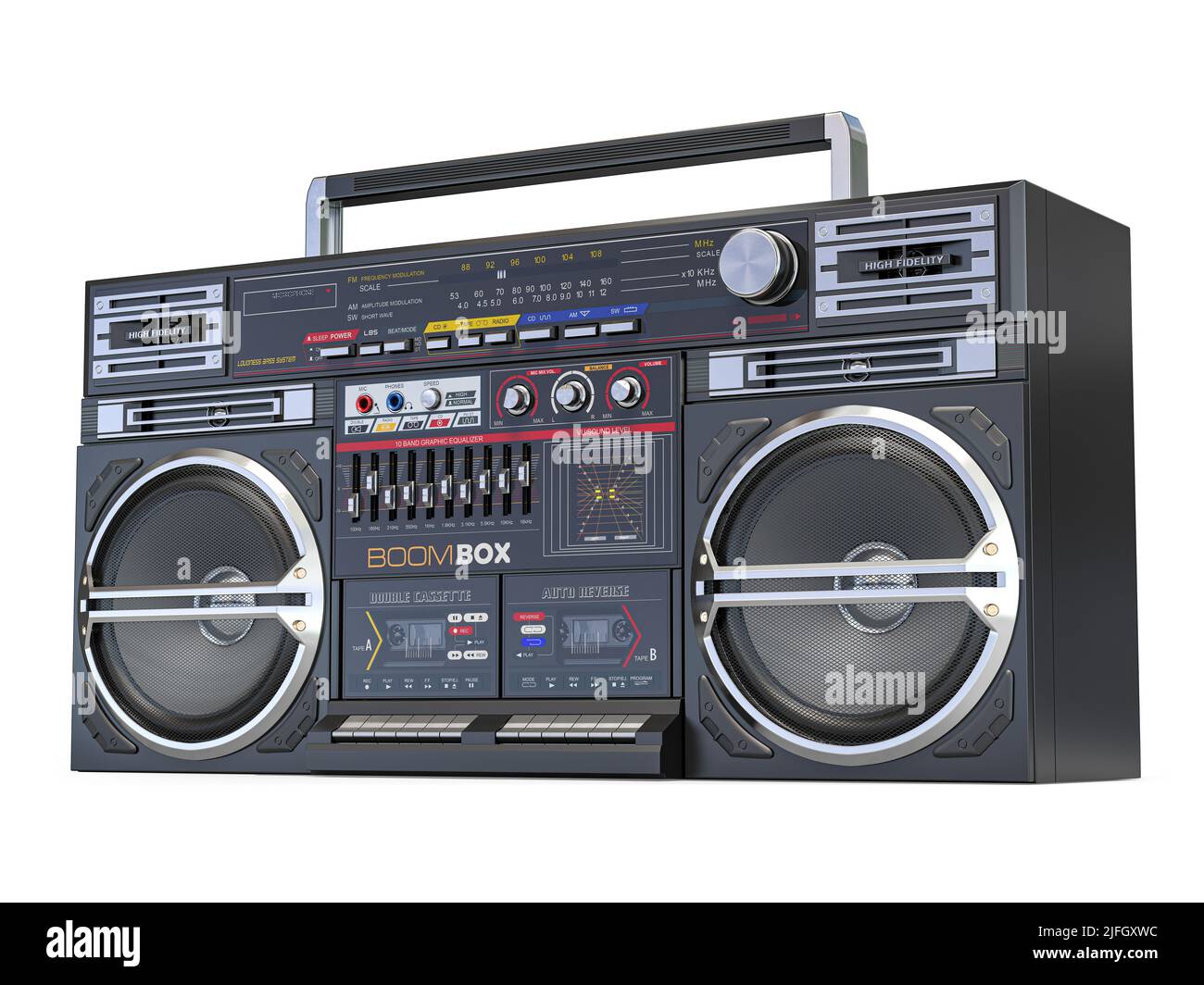 Retro ghetto blaster boombox, radio and audio tape recorder isolated on white. 3d illustration Stock Photo