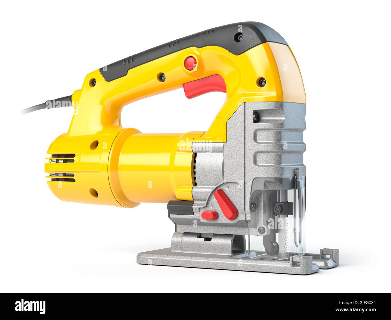 Yellow electric jigsaw on yellow background. Electric tool for carpenter. 3d illustration Stock Photo