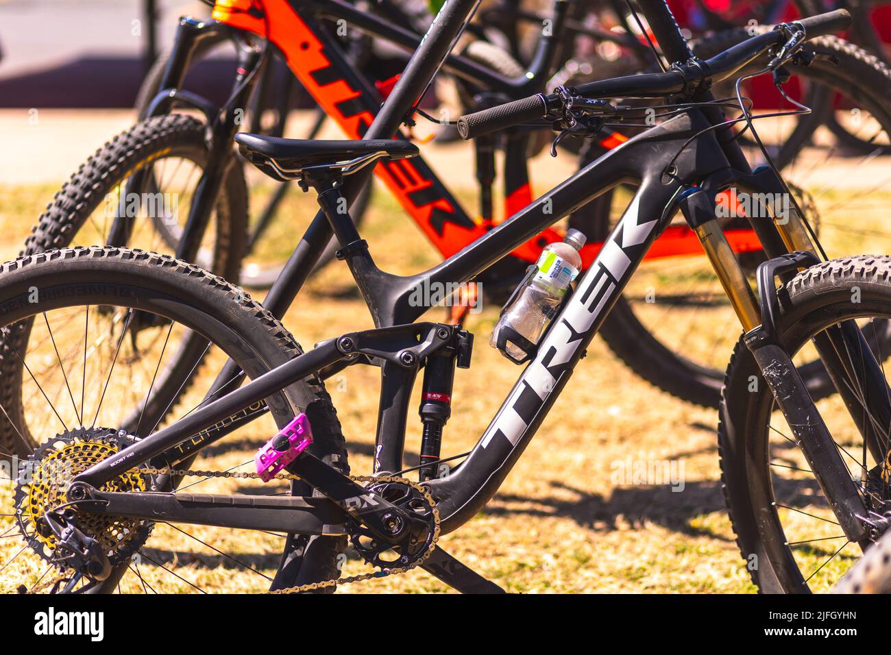 A closeup of a bike ready for a race held in the DFW metroplex in Texas Stock Photo