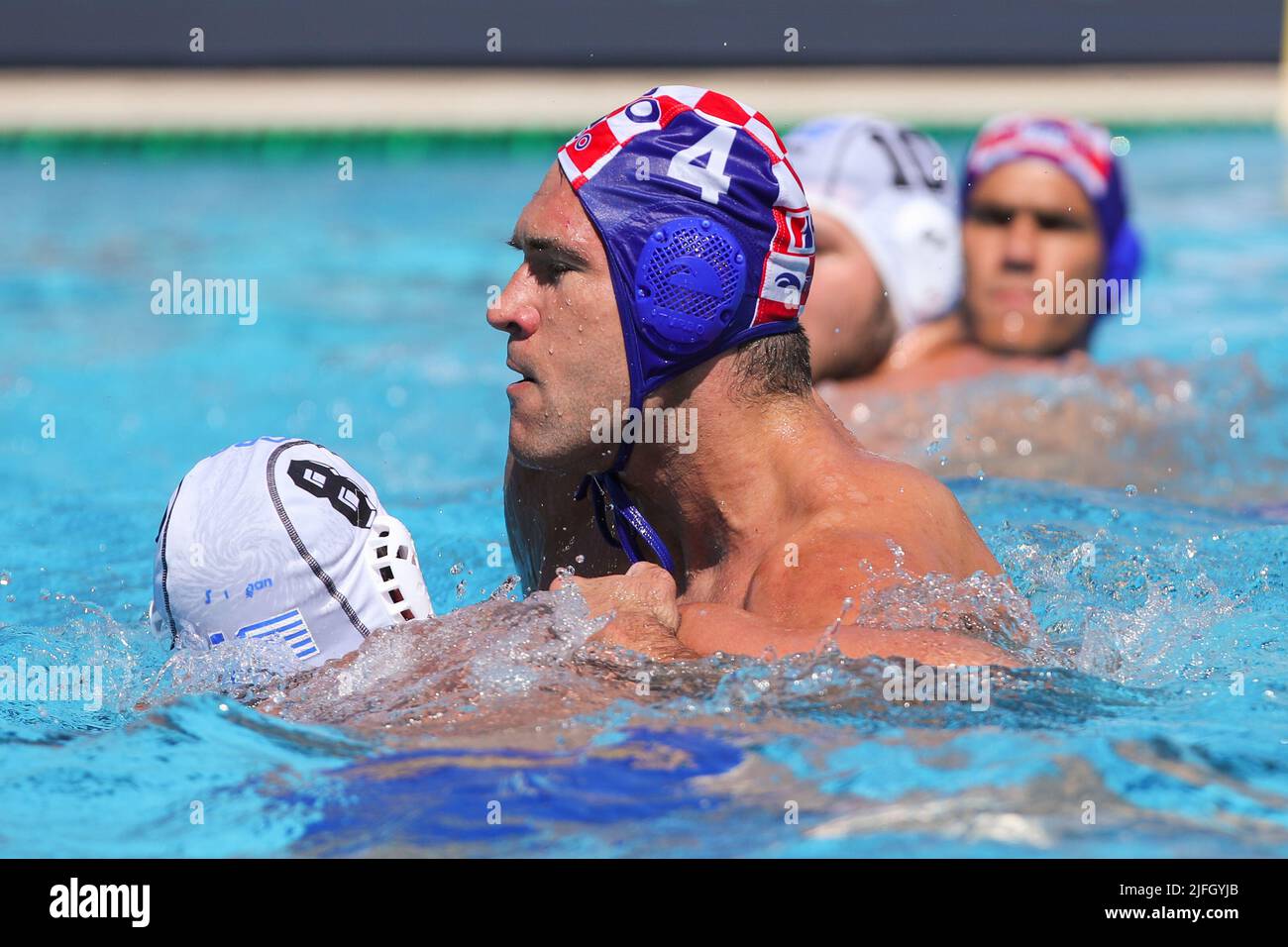BUDAPEST, HUNGARY - JULY 3: Stylianos Argyropoulos Kanakakis of Greece and Ivan Krapic of Croatia during the FINA World Championships Budapest 2022 Bronze medal match between Greece and Croatia on July 3, 2022 in Budapest, Hungary (Photo by Albert ten Hove/Orange Pictures) Stock Photo