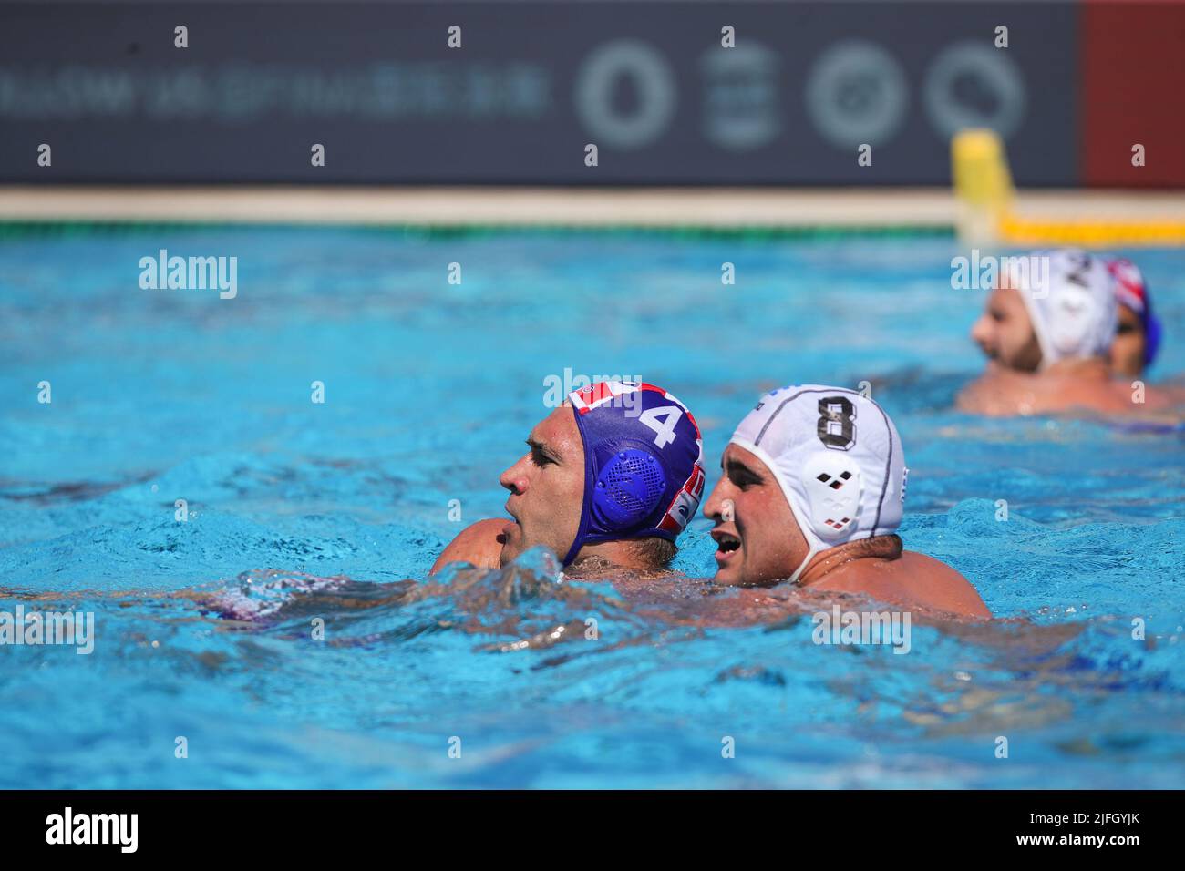 BUDAPEST, HUNGARY - JULY 3: Ivan Krapic of Croatia and Stylianos Argyropoulos Kanakakis of Greece during the FINA World Championships Budapest 2022 Bronze medal match between Greece and Croatia on July 3, 2022 in Budapest, Hungary (Photo by Albert ten Hove/Orange Pictures) Stock Photo