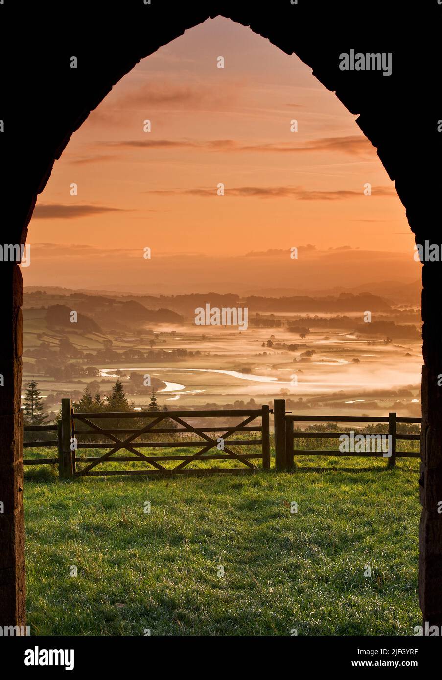 Morning mist in the Towy Valley at sunrise, Carmarthenshire, Wales. UK Stock Photo