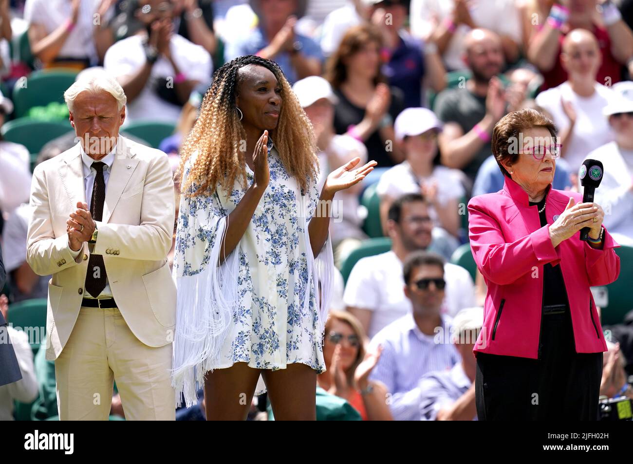 Former Wimbledon Champions Bjorn Borg (left), Venus Williams and Billie Jean King on centre court during day seven of the 2022 Wimbledon Championships at the All England Lawn Tennis and Croquet Club, Wimbledon. Picture date: Sunday July 3, 2022. Stock Photo