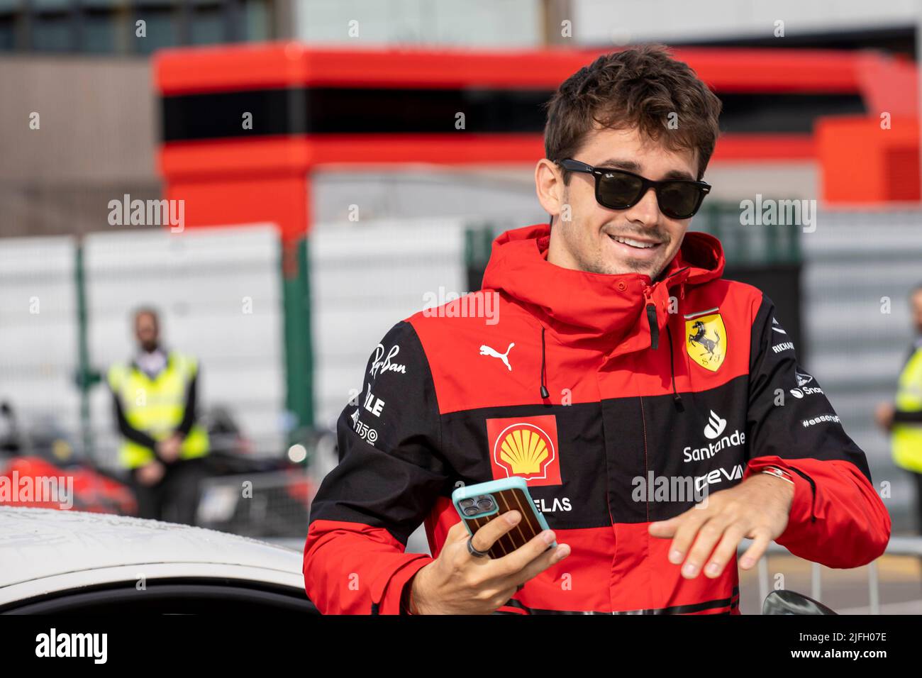 Silverstone, UK. 3rd July 2022, Silverstone Circuit, Silverstone, Northamptonshire, England: British F1 Grand Prix, Race day: Scuderia Ferrari driver Charles Leclerc arrives at Silverstone Credit: Action Plus Sports Images/Alamy Live News Stock Photo