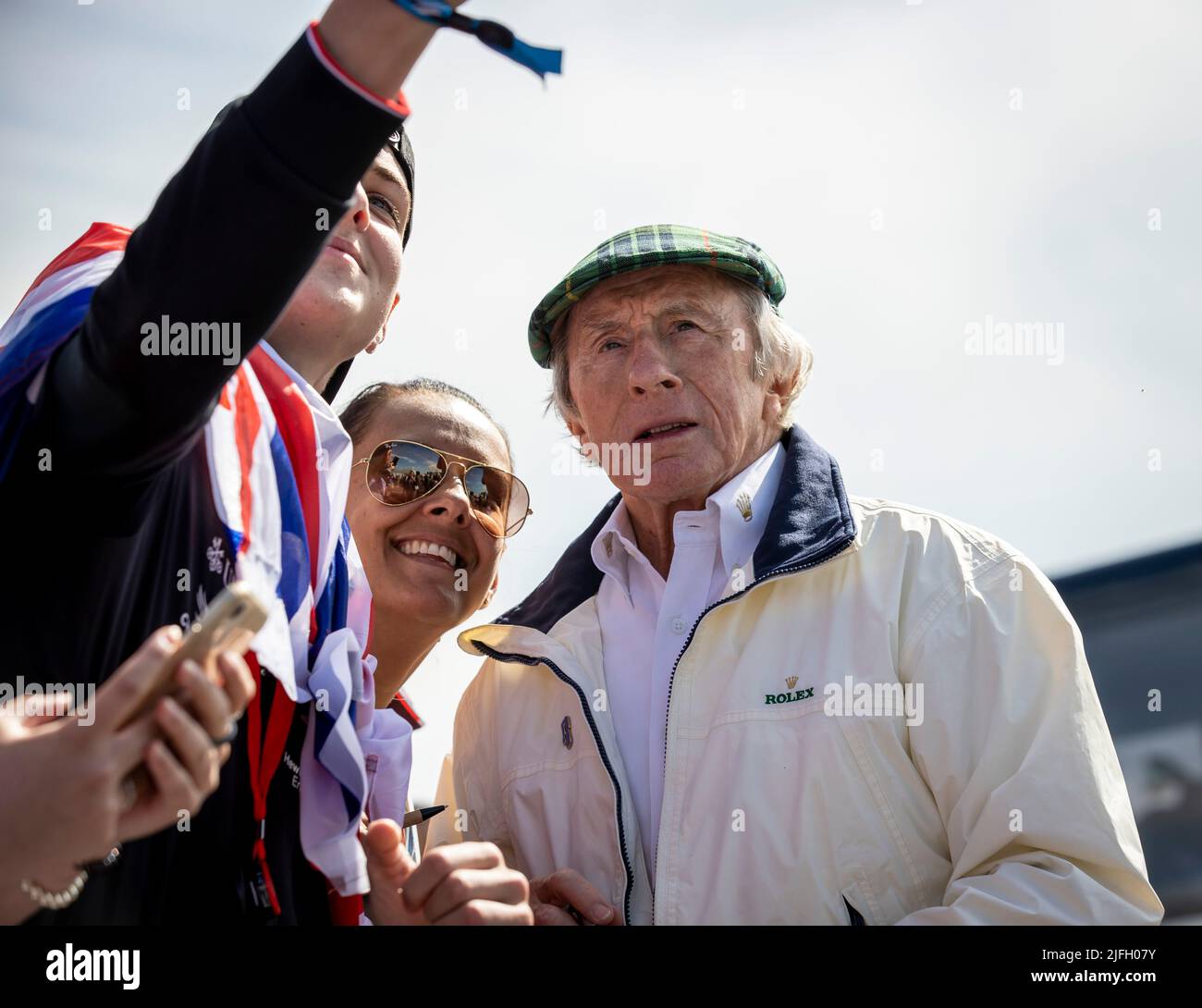 Silverstone, UK. 3rd July 2022, Silverstone Circuit, Silverstone, Northamptonshire, England: British F1 Grand Prix, Race day: Sir Jackie Stewart poses for a selfie Credit: Action Plus Sports Images/Alamy Live News Stock Photo