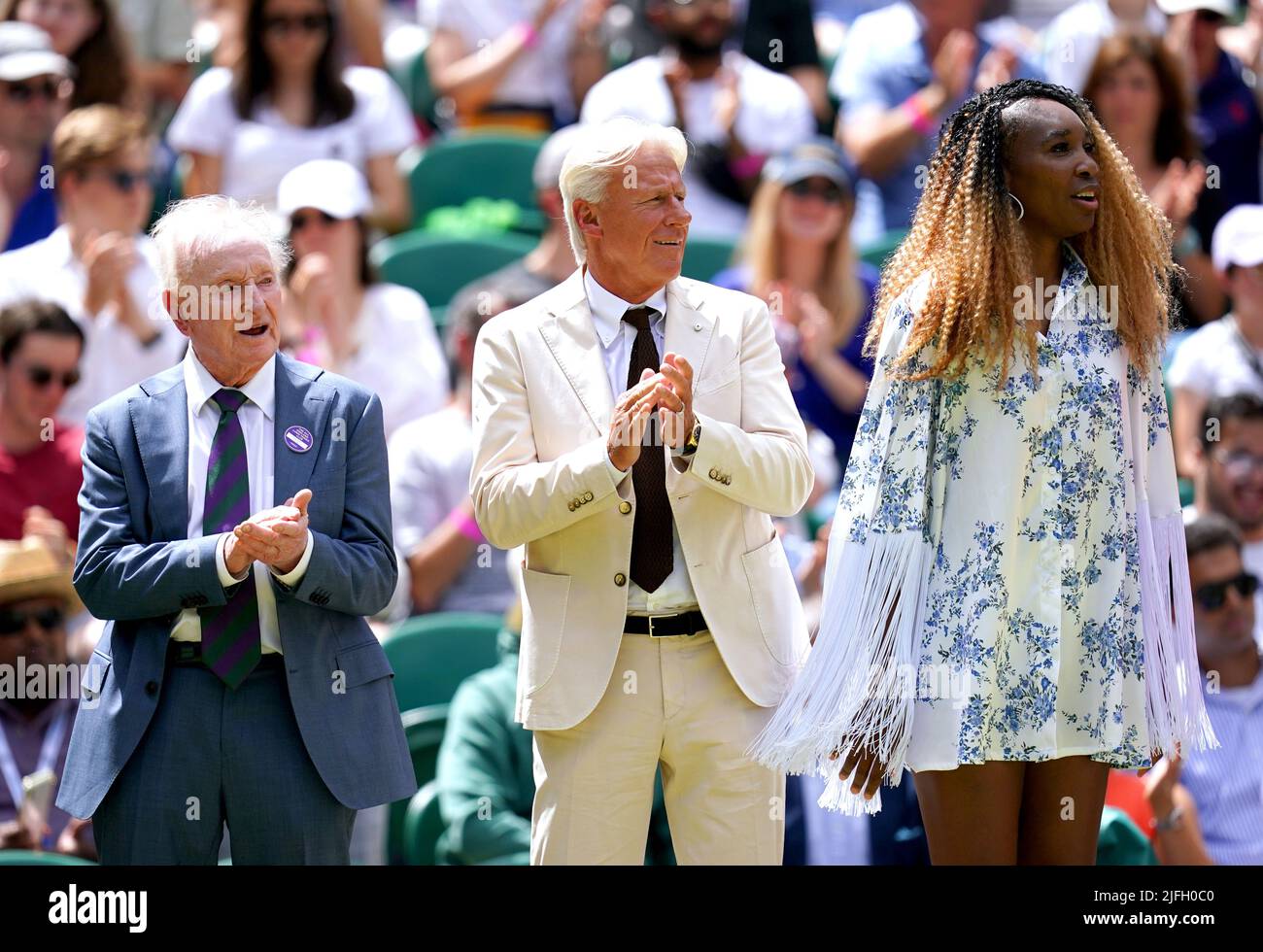 Former Wimbledon Champions Rod Laver (left), Bjorn Borg and Venus Williams on centre court during day seven of the 2022 Wimbledon Championships at the All England Lawn Tennis and Croquet Club, Wimbledon. Picture date: Sunday July 3, 2022. Stock Photo