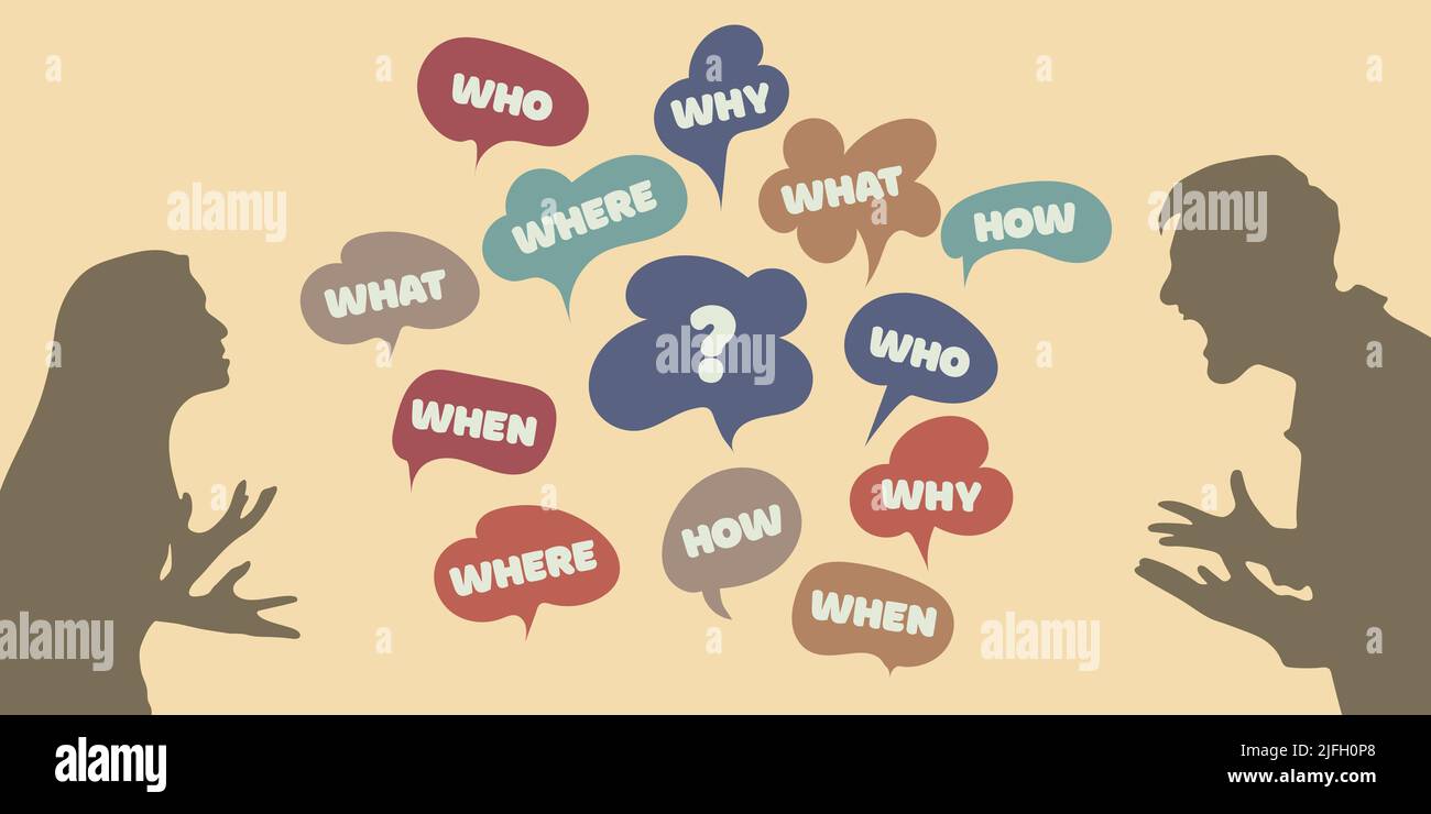 Who what where when why questions in speech bubbles. A man and a woman ...
