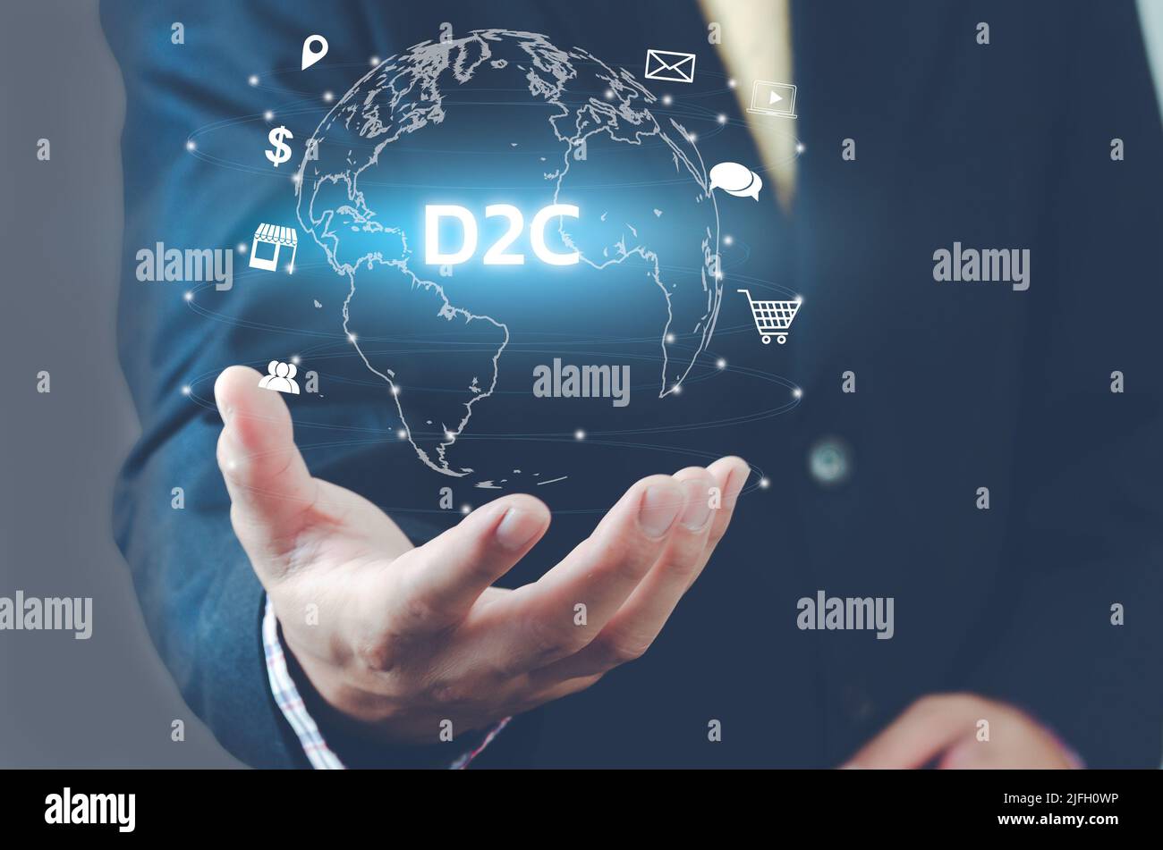 Man hand virtual world icon. D2C icons and symbols Direct to Consumer virtual screen. Business concept. Stock Photo