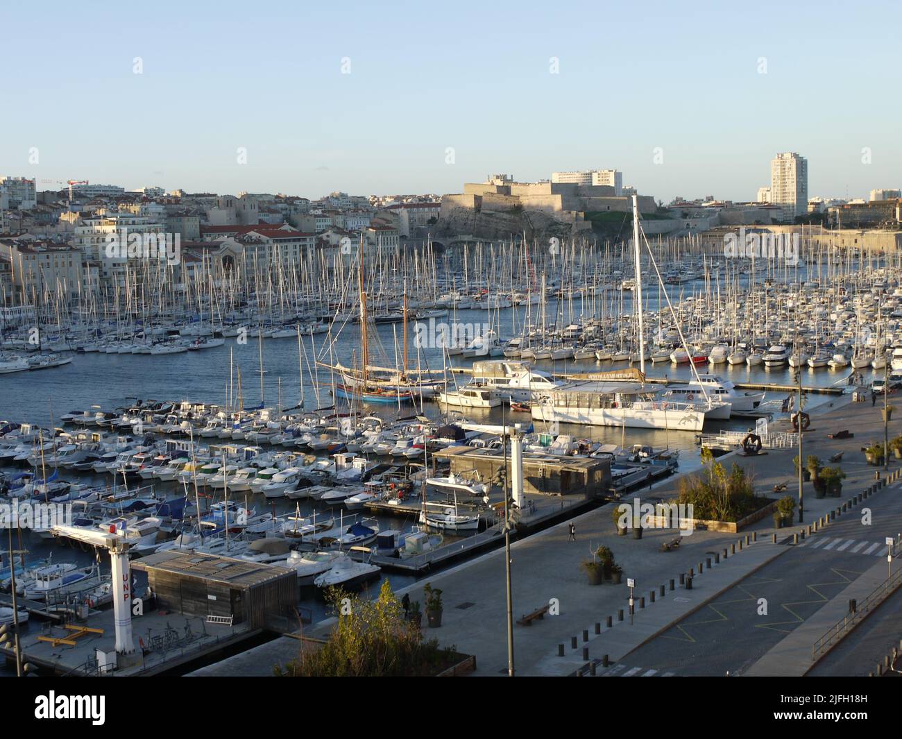 The Old Port of Marseille and the Palais du Pharo on a winter morning Stock Photo
