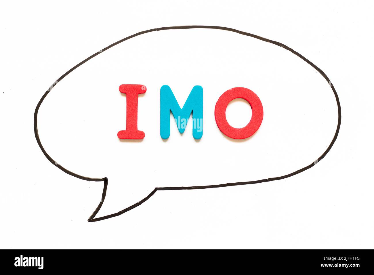 Alphabet letter with word IMO (Abbreviation of in my opinion) in black