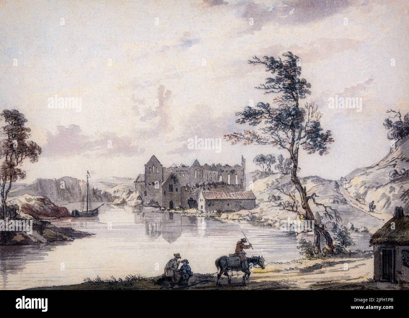 A painting by the English artist Paul Sandby (1731-1809) of Askeaton Abbey or Askeaton Friary, located on the east bank of the River Deel, County Limerick, Ireland. A former Franciscan monastery it was plundered and later abandoned during the Second Desmond Rebellion of 1579. Revived in 1627 it was again abandoned in 1648 when Cromwell’s forces neared. It was reestablished in 1658 and continued to house friars until 1714. Stock Photo