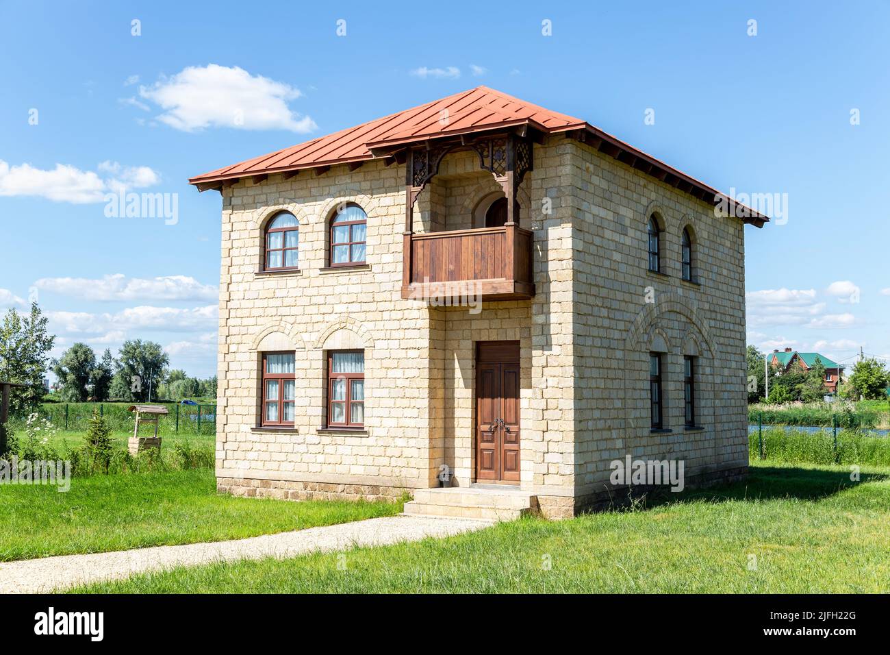 Samara, Russia - June 25, 2022: Ethnocultural complex 'People's Friendship Park'. Traditional Azerbaijani house from stones. Azerbaijani farmstead in Stock Photo