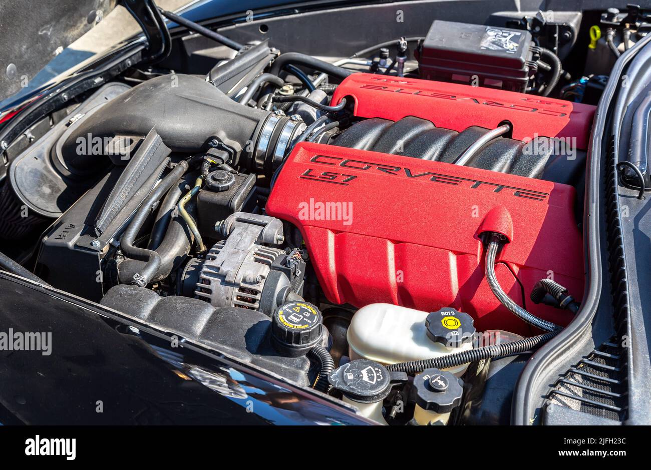 Samara, Russia - June 26, 2022: Car engine of Chevrolet Corvette, under the hood of a vehicle Stock Photo