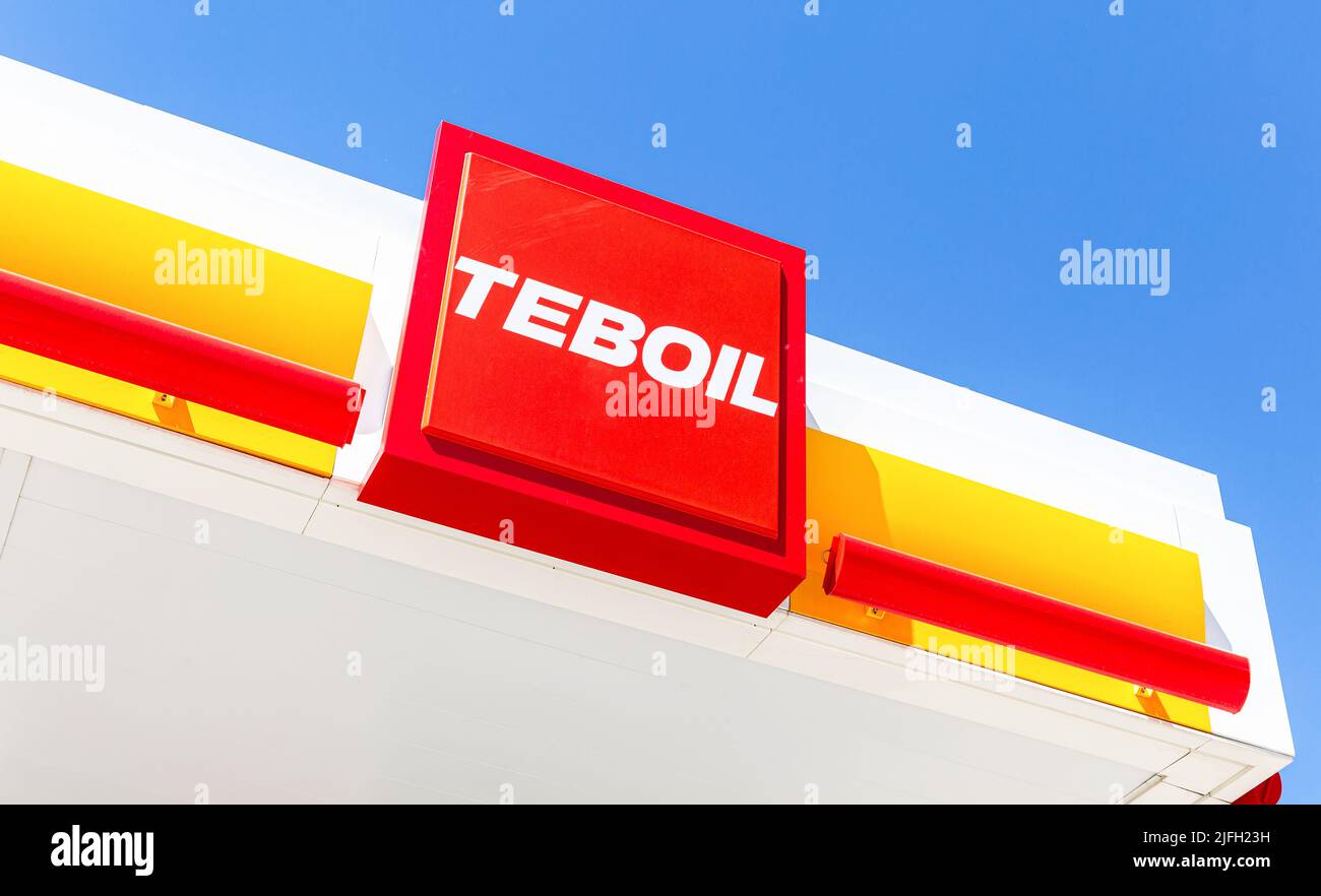 Samara, Russia - June 26, 2022: Teboil gas station logo with blue sky background. It is a subsidiary of the Russian company Lukoil Stock Photo