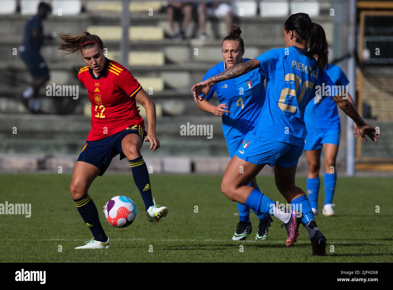 Patricia Guijarro Gutierrez of Spain, Aurora Galli, Martina Piemonte of Italy compete for the ball during the Women's International friendly match between Italy and Spain at Teofilo Patini Stadium on July 01, 2022 in Castel di Sangro , Italy. Â©Photo: Cinzia Camela. Stock Photo