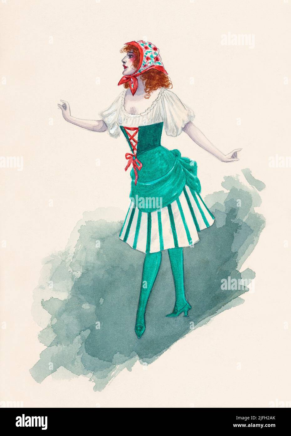 An Irish dance costume designed by Will R. Barnes for the 1913 stage play, Irish Girls. The American, designed costumes for numerous Broadway productions between 1898 and 1924. musical comedies, operettas, revues, vaudeville productions and burlesques. Stock Photo