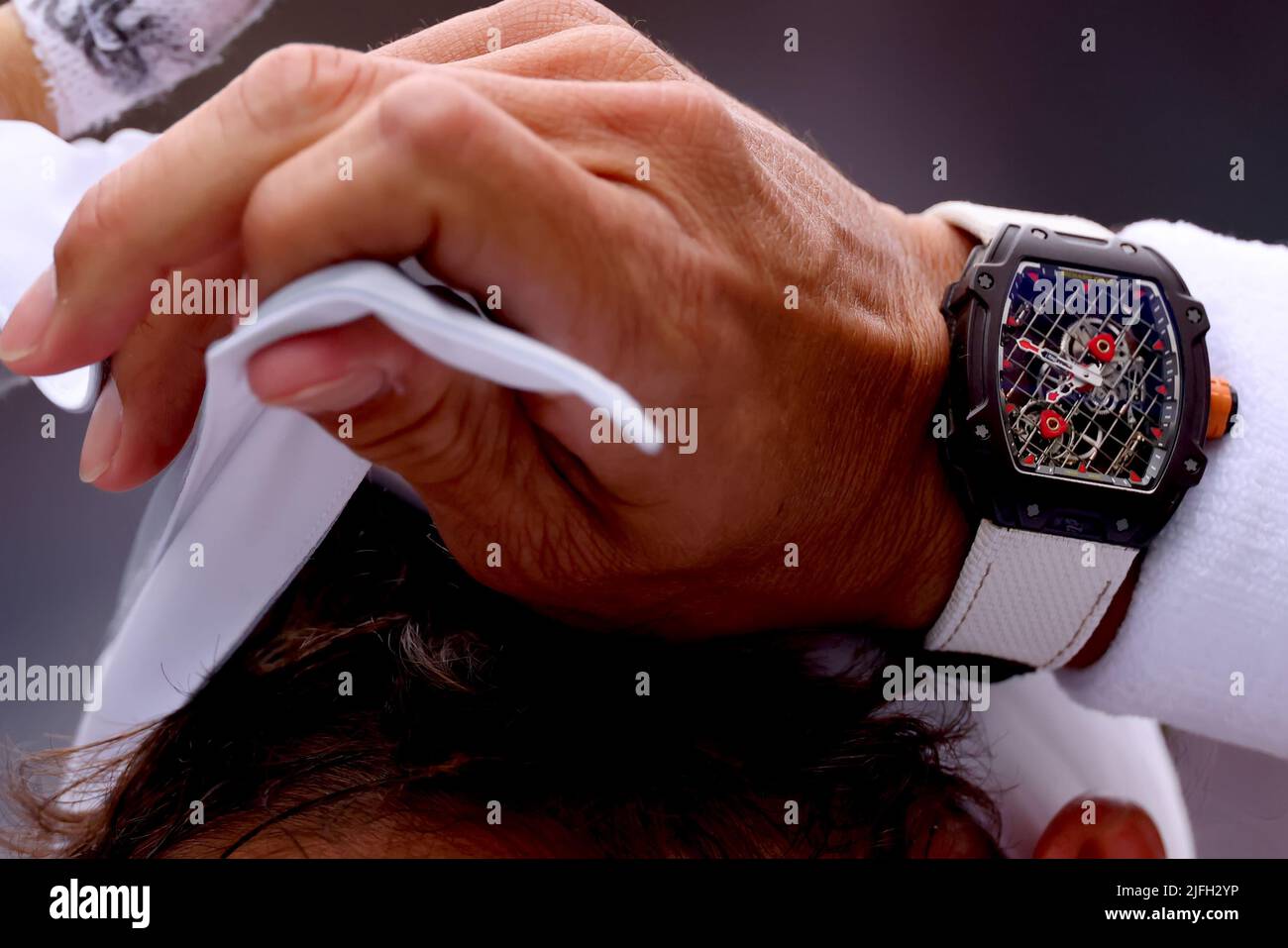 2nd July 2022, All England Lawn Tennis and Croquet Club, London, England; Wimbledon Tennis tournament; Detail view of the Richard Millies watch worn by Rafael Nadal Stock Photo