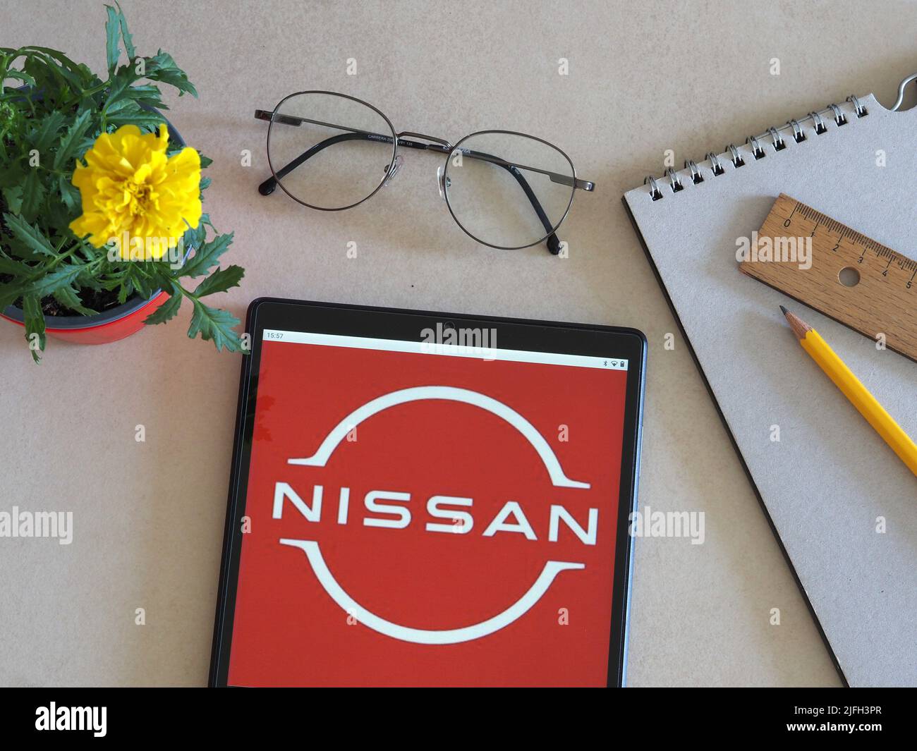 In this photo illustration Nissan Motor Co., Ltd. logo seen displayed