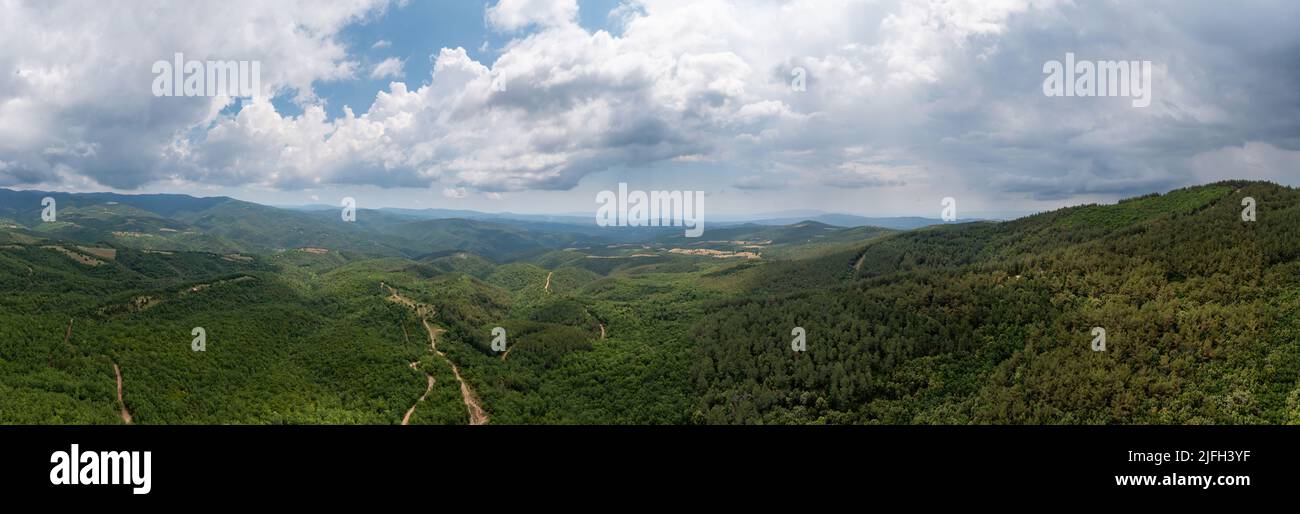 Mount Cholomon, Cholomondas or Holomontas mountain and cloudy sky aerial panoramic view. Chalkidiki, Central Macedonia, Greece Stock Photo