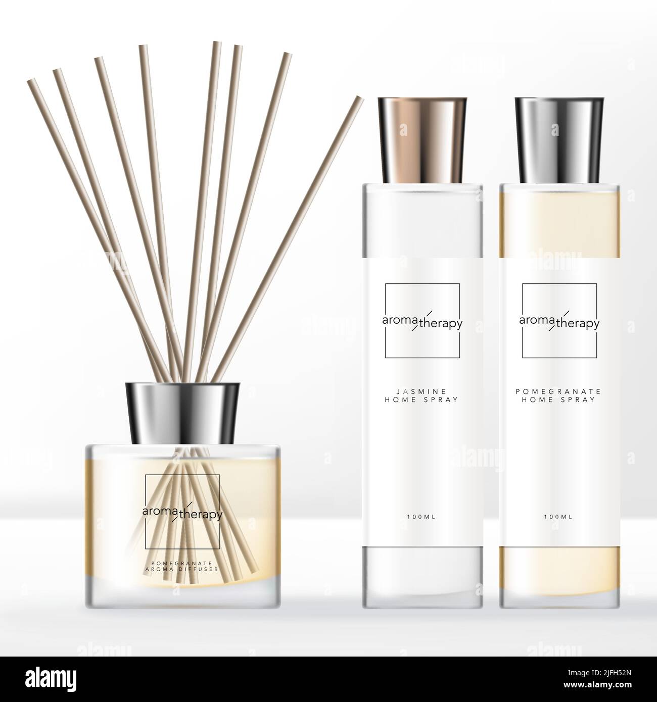 Vector Minimal Style Aroma Diffuser Set with Silver Cap Home Spray Clear Bottle. Stock Vector