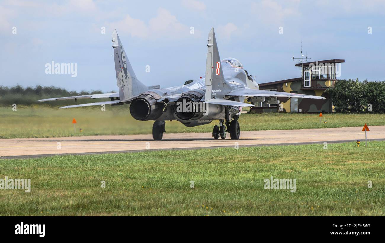 23rd Military Air Base, Mińsk Mazowiecki, Poland - August 14, 2014: Polish Air Force MiG-29 fighter jet at EPMM military airport Stock Photo