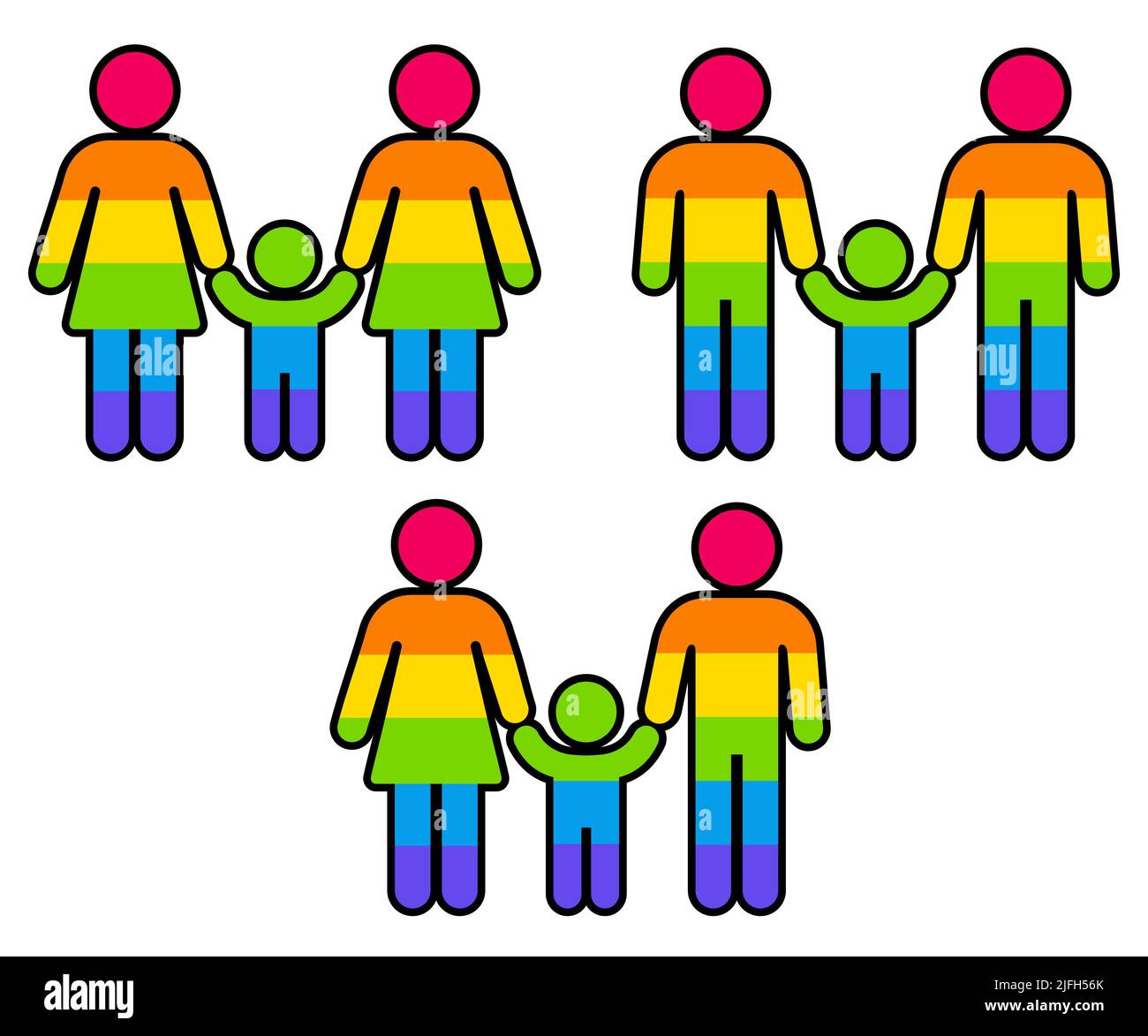 Parents and child icon holding hands, rainbow pride flag colors. Two moms, two dads, mom and dad. Simple LGBT family stickers, vector symbol set. Stock Vector