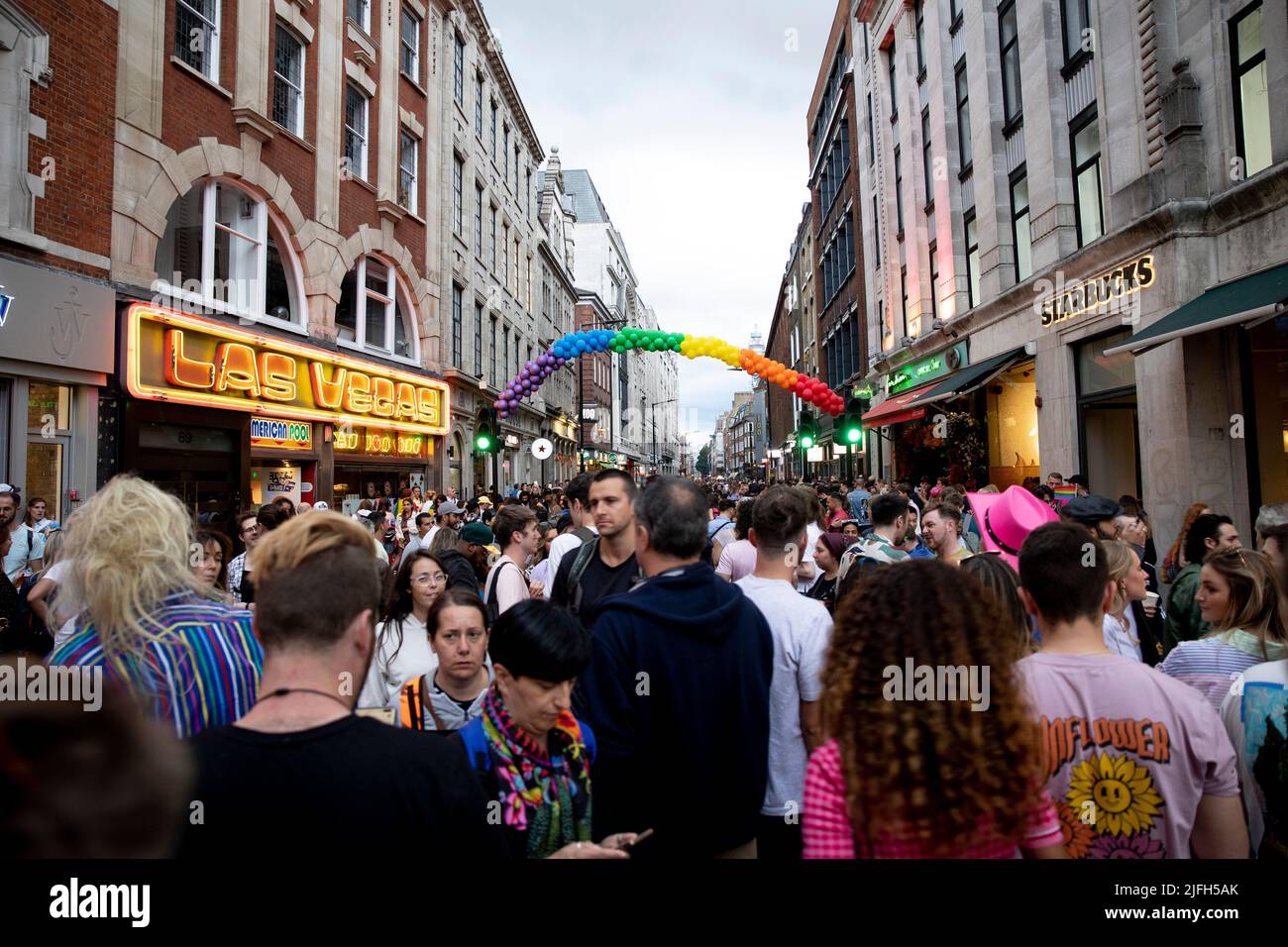 The view of the busy Soho post the official Pride march parade. The 50th anniversary of London Pride celebration continues in Soho in central London after the Pride march parade finished at Whitehall in the afternoon. (Photo by Hesther Ng / SOPA Images/Sipa USA) Stock Photo