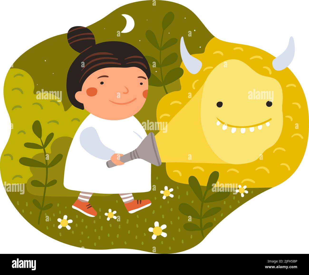 Children dreams. Little dreamer with fictional friend. Monster and kid walking in night forest. Bizarre animal. Imaginary creature. Happy girl with Stock Vector