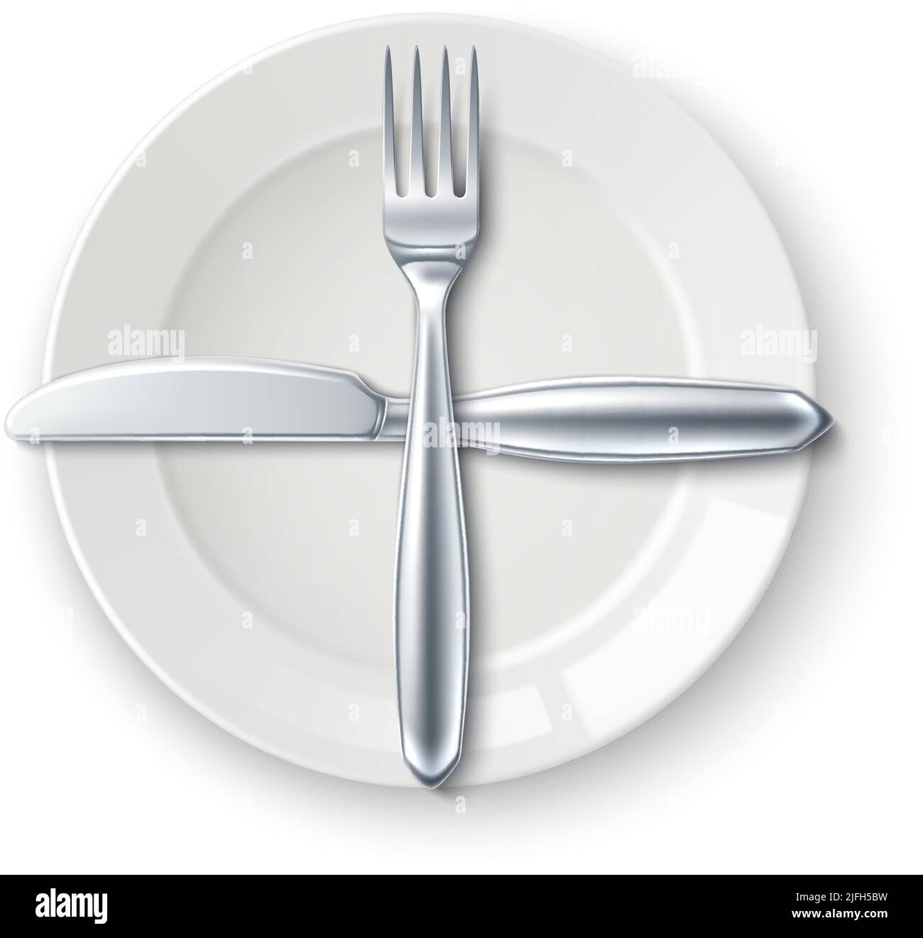 Crossed cutlery on white table. Next dish signal Stock Vector
