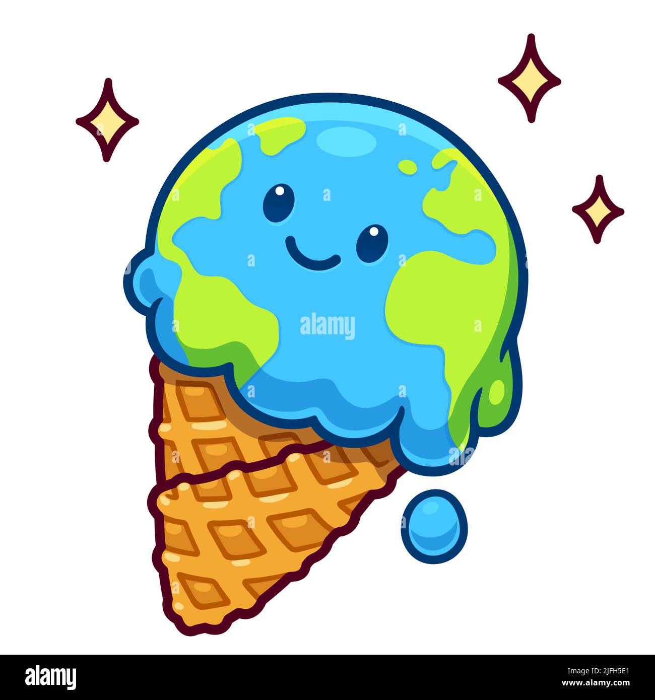 Cartoon melting Earth in ice cream cone, kawaii drawing. Cute vector illustration of climate change and global warming. Stock Vector