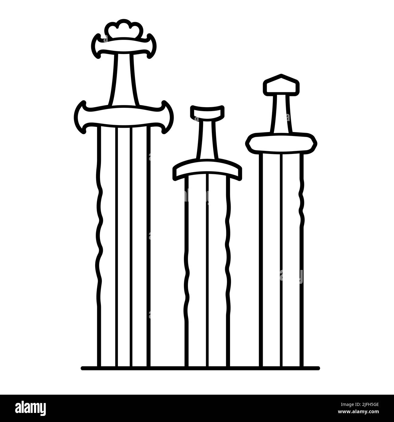 Sverd i fjell (Swords in Rock) monument in Norway. Black and white line icon, vector clip art illustration. Stock Vector