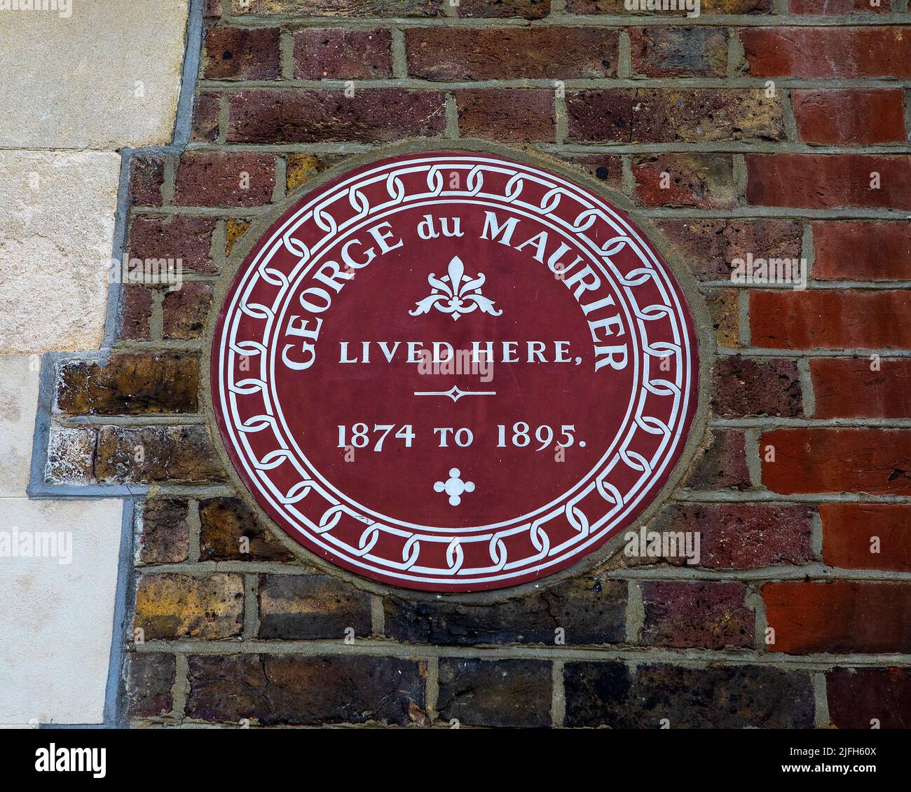 London, UK - May 19th 2022: A plaque in the Hampstead area of London, UK, marking where famous cartoonist and writer George du Maurier once lived. Stock Photo