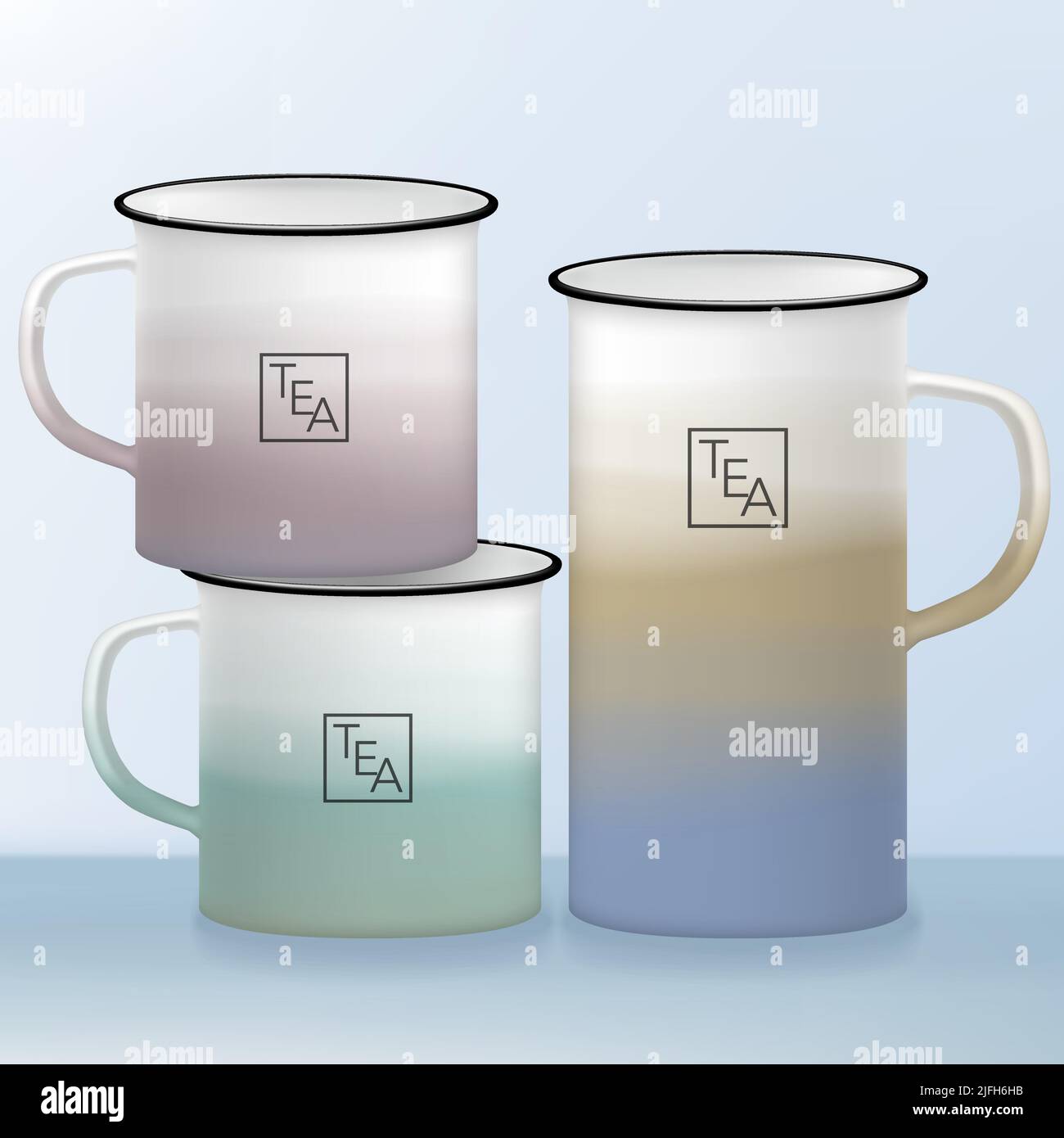Vector Camping or Outdoor Tin Cup or Mug with Multi Pastel Colors Gradient Overlaying Print Design Stock Vector