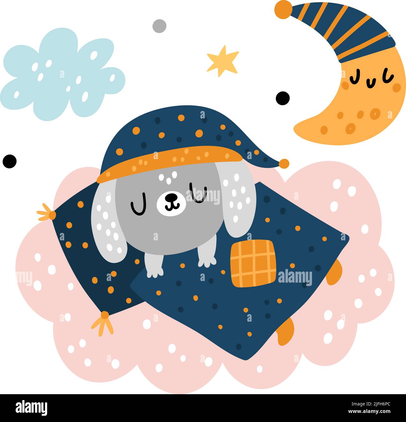 Sleepy cute animal. Happy baby creature dreaming in bed. Cartoon puppy