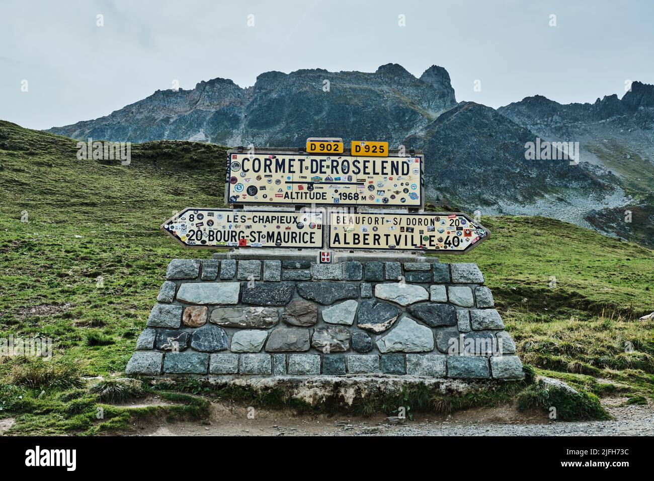 Road sign of Cormet de Roselend stage on the tour de france in the french alps Stock Photo