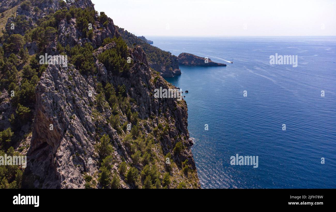 Aerial view of tramuntana mountains on the Mediterranean coast of Mallorca, Soller Stock Photo