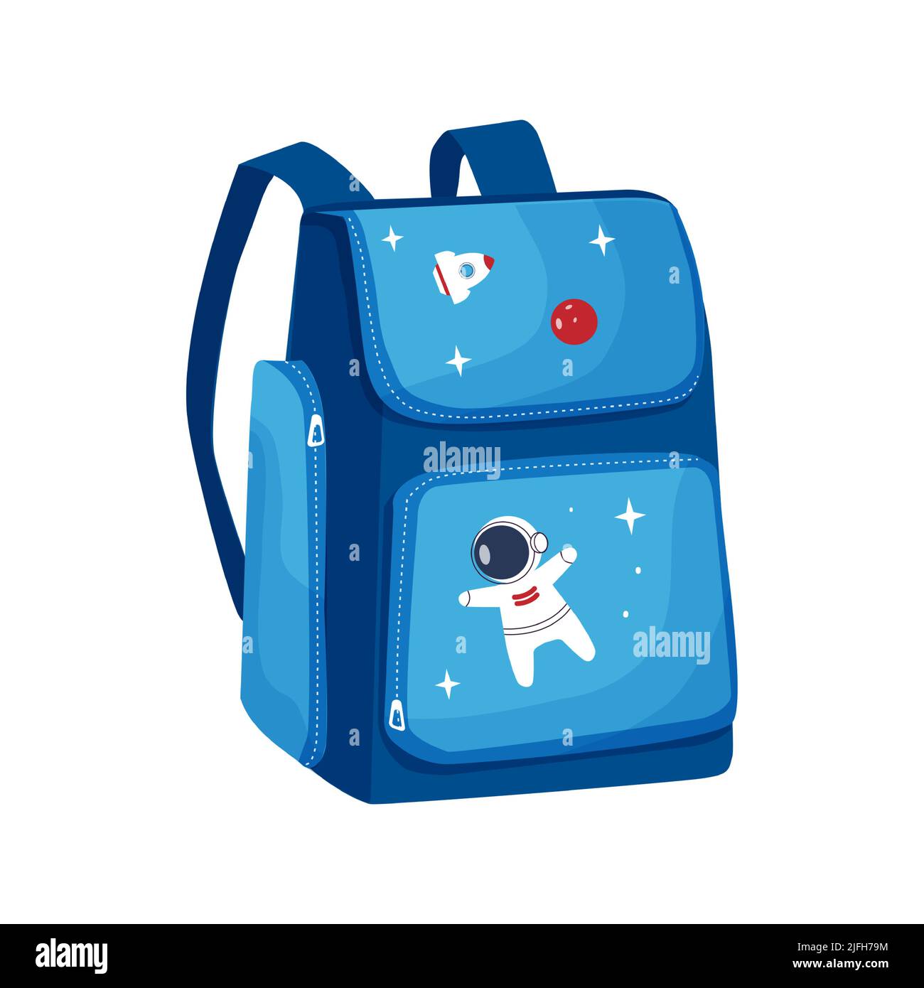 Colorful schoolbag flat icon. Blue Backpack with astronaut and rocket image, zippers isolated on white background. Vector illustration. Stock Vector