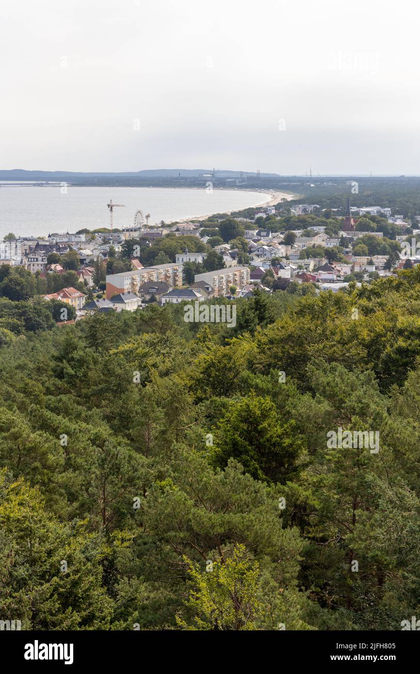 The view from the tree top walk towards Swinemünde/Wollin in Poland on the island of Usedom in Summer. Stock Photo