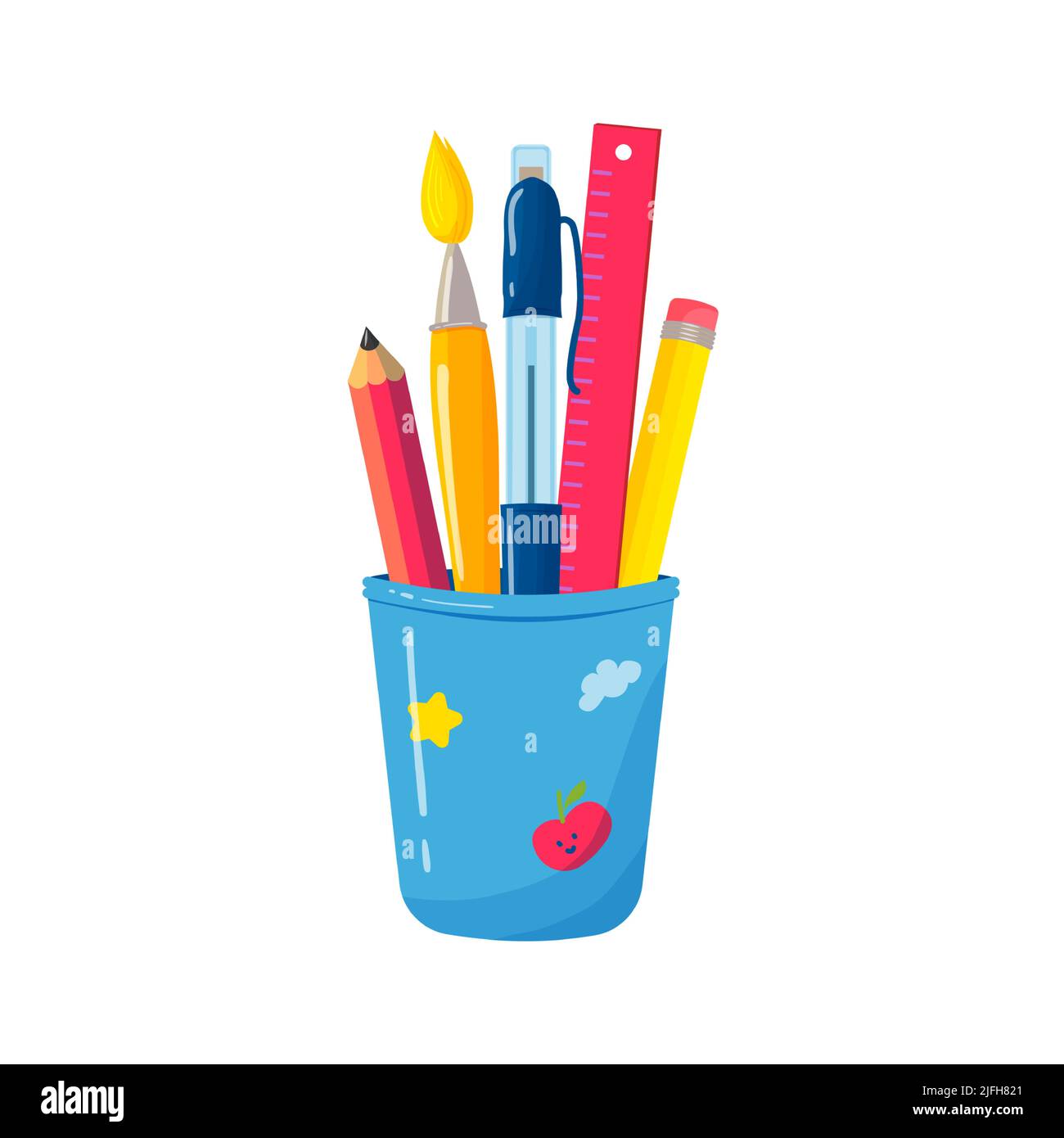School or office Cup for pens and pencils. Bright flat vector illustration on a white background. Pen, brush, pencils, and ruler stationery holder. Stock Vector