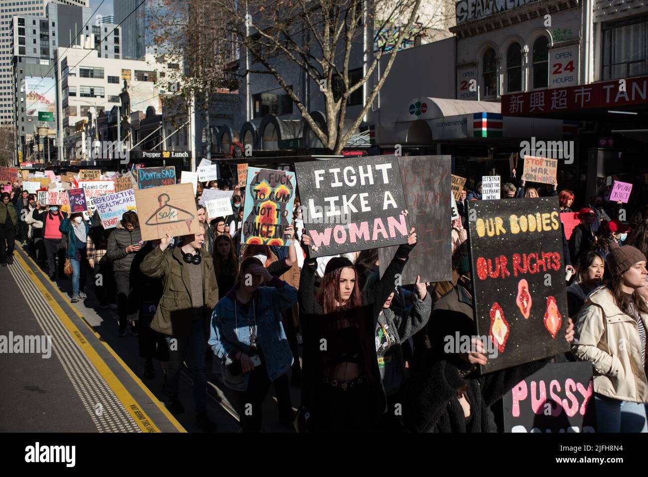 Melbourne, Australia. 2nd July 2022. Solidarity protest for abortion rights, against the overturning of Roe V. Wade by the American Supreme Court where almost 15,000 people attended. Credit: Jay Kogler/Alamy Live News Stock Photo