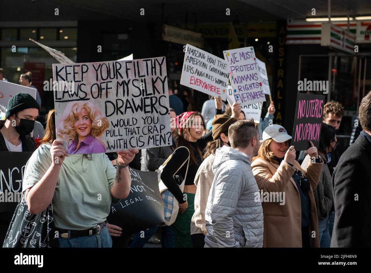 Melbourne, Australia. 2nd July 2022. Solidarity protest for abortion rights, against the overturning of Roe V. Wade by the American Supreme Court. Credit: Jay Kogler/Alamy Live News Stock Photo