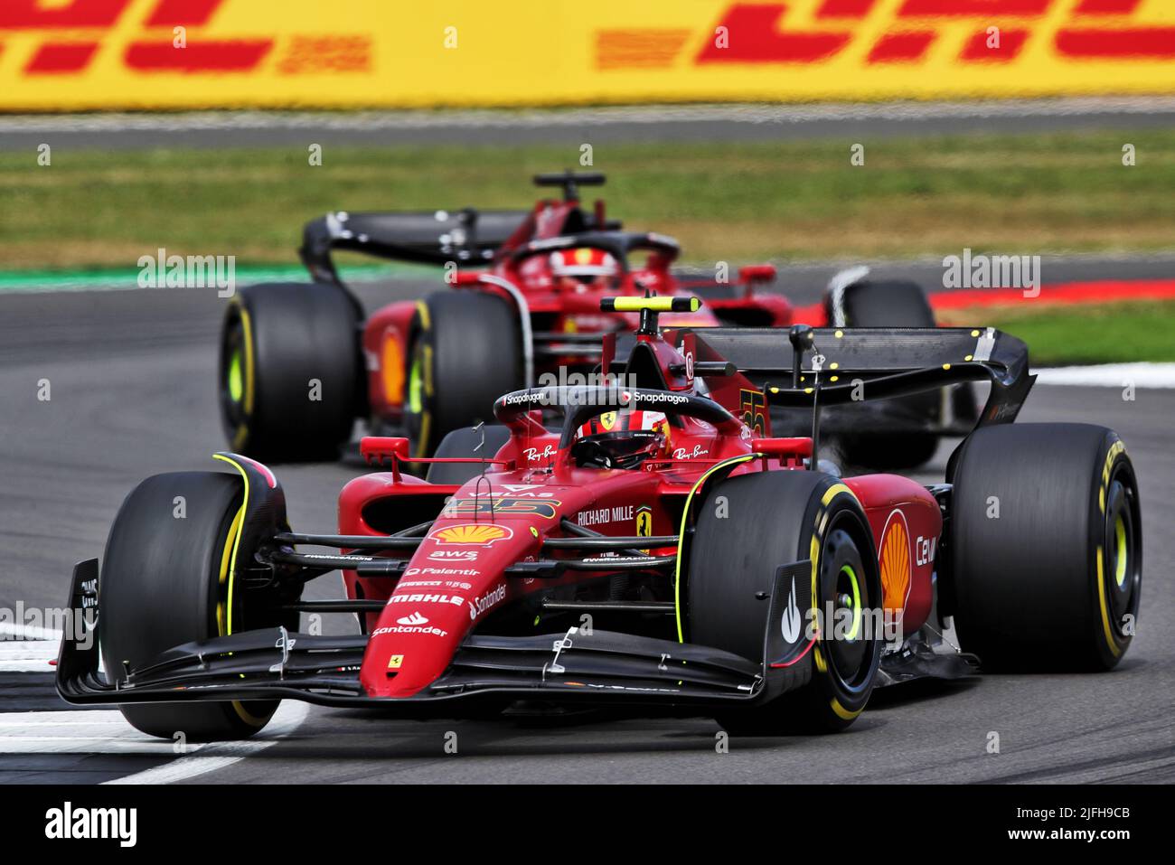 Silverstone, UK. 03rd July, 2022. Carlos Sainz Jr (ESP) Ferrari F1-75 leads team mate Charles Leclerc (MON) Ferrari F1-75. British Grand Prix, Sunday 3rd July 2022