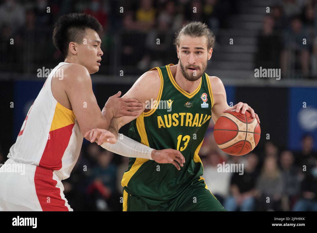 Melbourne, Australia. 03rd July, 2022. Rui Zhao (L) of China Basketball  team and Sam Froling (R) of Australia Basketball team in action during the  FIBA World Cup 2023 Qualifiers Group B Window