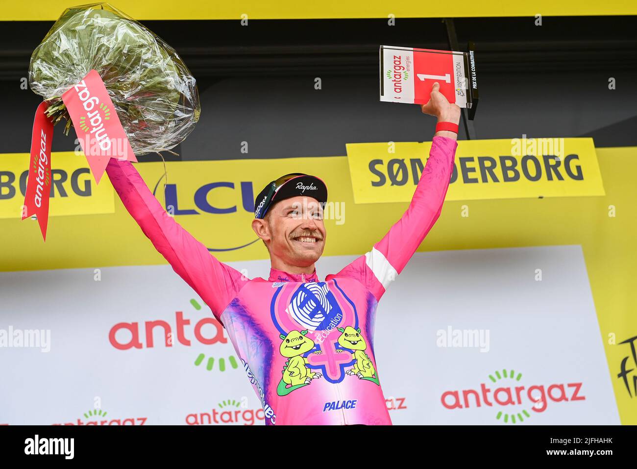 Vejle to Sonderborg, Denmark. 3rd July, 2022. Danish Magnus Cort Nielsen of EF Education-EasyPost celebrates on the podium of stage three of the Tour de France cycling race, 182km from Vejle to Sonderborg, Denmark on Sunday 03 July 2022. This year's Tour de France takes place from 01 to 24 July 2022 and starts with three stages in Denmark. BELGA PHOTO JASPER JACOBS Credit: Belga News Agency/Alamy Live News Stock Photo