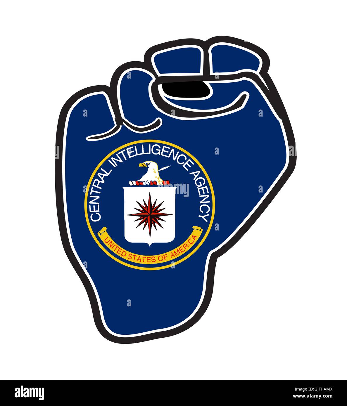 A black outline power fist over the CIA flag icon isolated on a white background Stock Photo